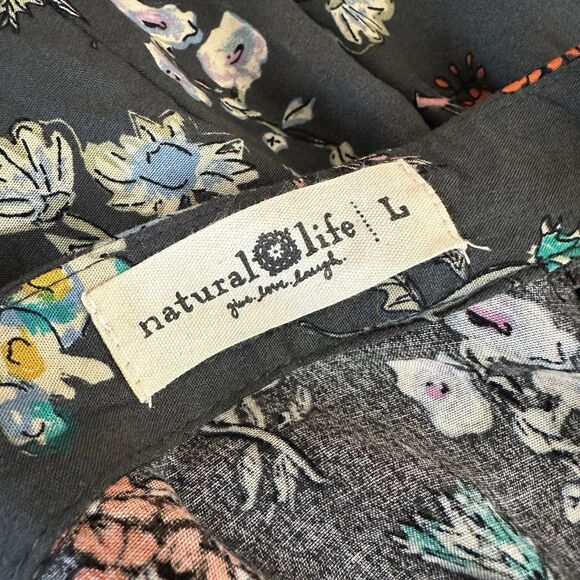 Natural Life Dark Gray Floral Maxi Peasant Dress LARGE Boho Tiered Long Sleeve - Picture 7 of 8